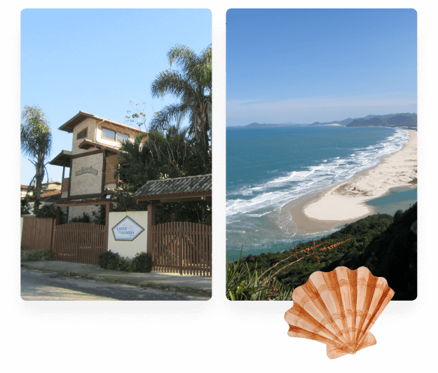 Fotos da fachada da pousada e da praia da Guarda do Embaú